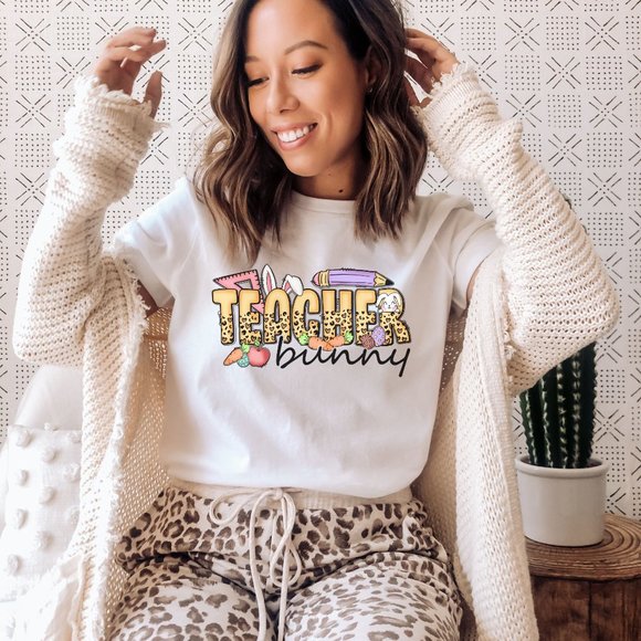 Tops - Teacher Bunny T-shirt Easter Shirt Cute Easter Tee Unisex